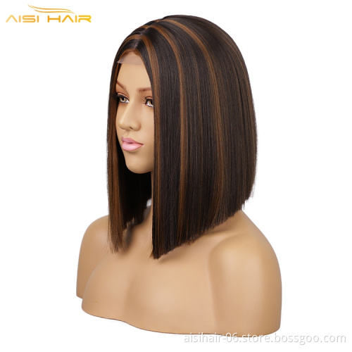 Aisi Wholesale Straight Bob Fiber Hair Wigs For Women Ombre Color Full Machine Made Heat Resistant Wig Synthetic Hair Wig